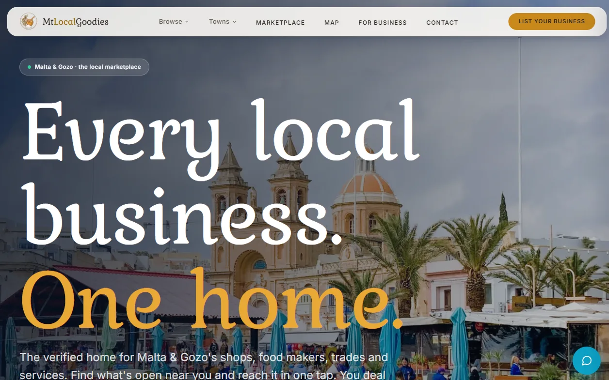 Screenshot of the MtLocalGoodies marketplace for local producers in Malta and Gozo