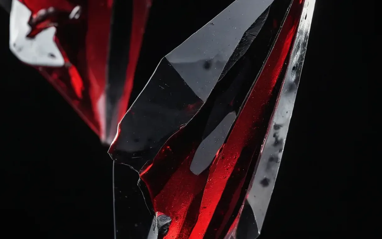 Rendered 3D still of dark glass and smoke lit by a single crimson filament