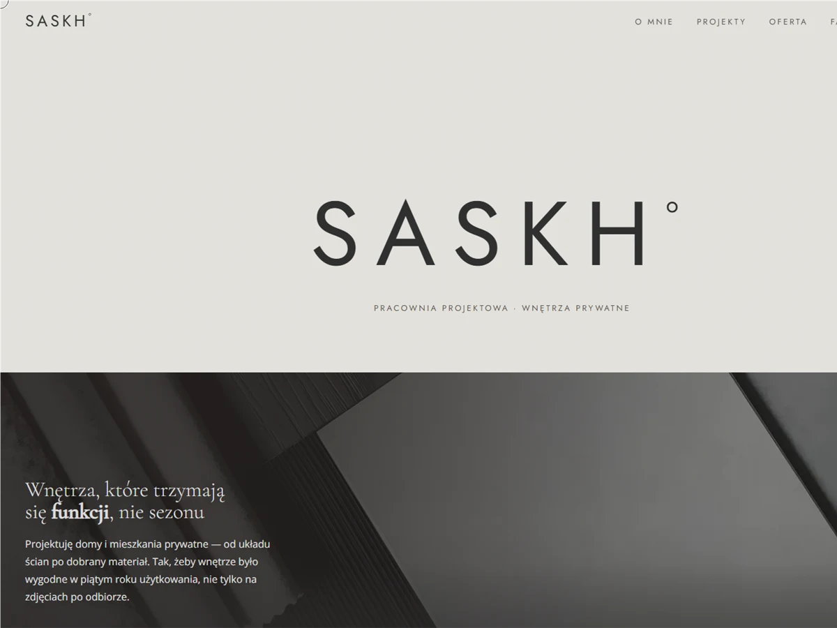 Screenshot of the SASKHO interior design website with a calm, still layout