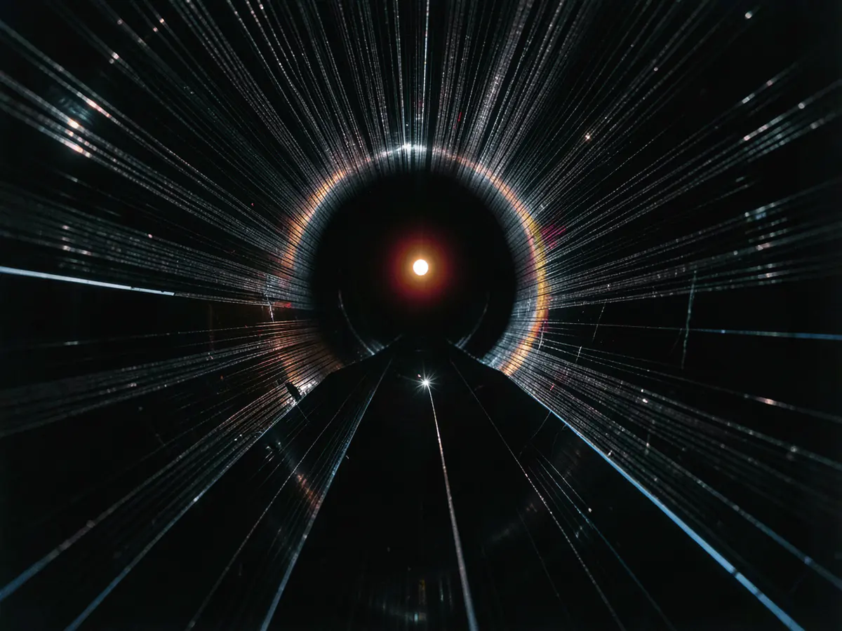 Iris Run: a glowing runner racing down a red and violet tunnel toward the eye of Antares